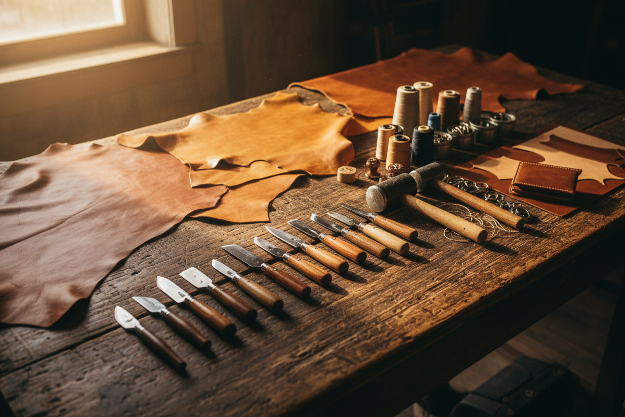 A leather workshop table